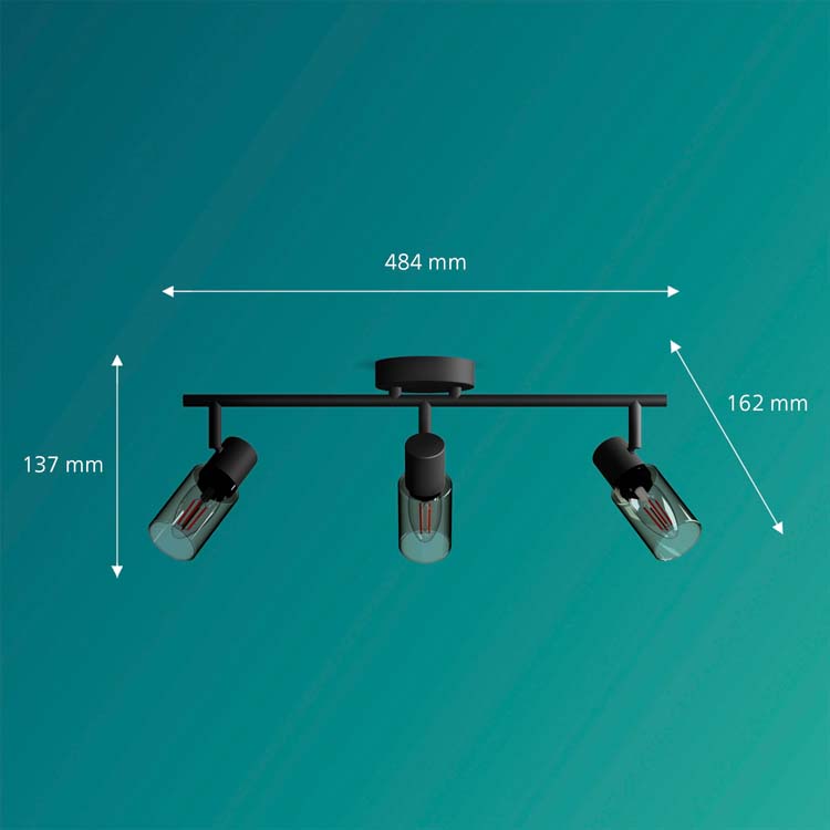 Spot plafond/mur - verre long - dimmable - E14 - 3x25W - lampe excl - noir