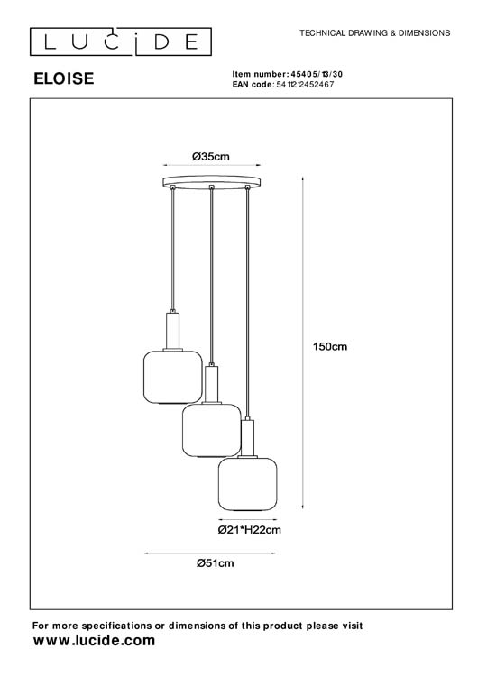 Lucide ELOISE - Suspension - Ø 40 cm - 3xE27 - Noir