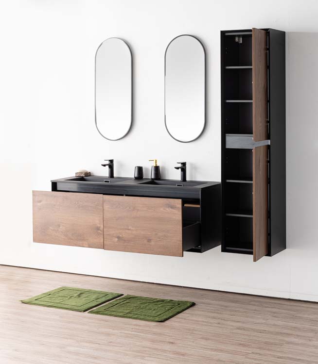 Meuble de salle de bain Justin noir mat/noyer 2 tiroirs 1400 mm