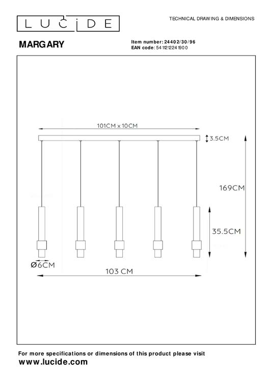 Lucide MARGARY - Hanglamp - LED Dimb. - 5x4,2W 2700K - Koffie