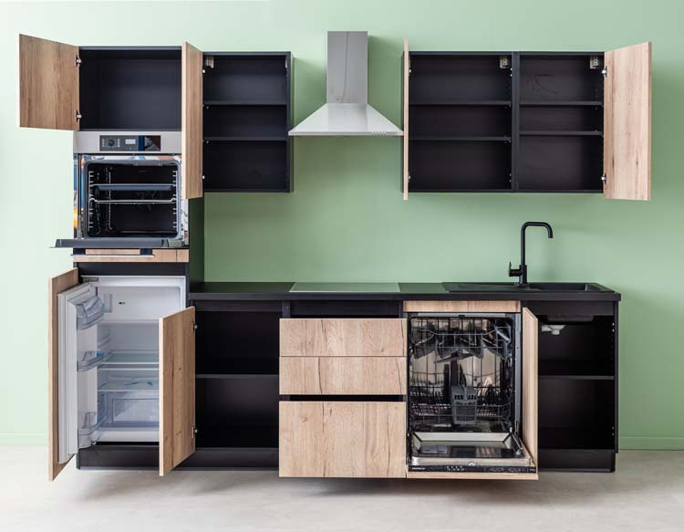 Keuken Plenti 280 cm - oven boven - lades - zonder toestellen - zwart-houtlook