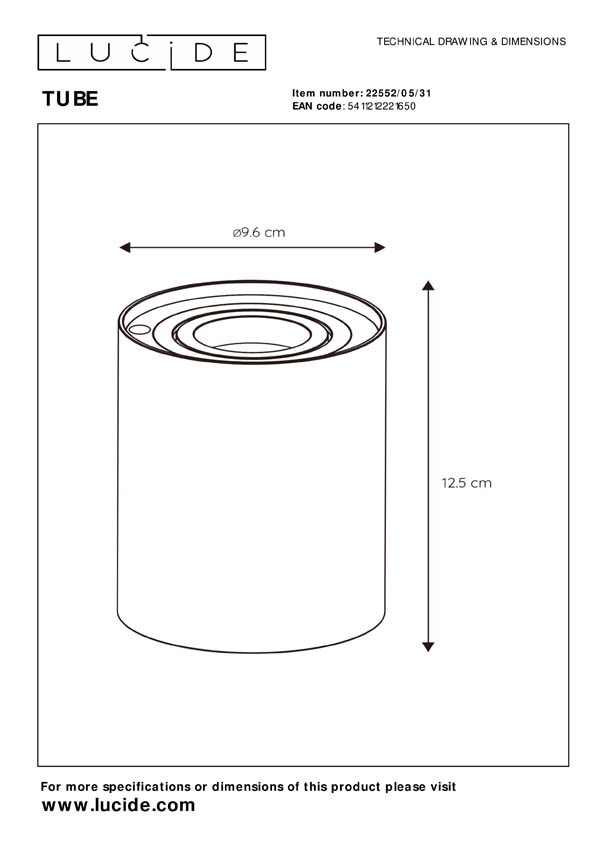 Lucide TUBE - Tafellamp - Ø 9,6 cm - LED Dimb. - GU10 - 1x5W 2600K/2800K - 3 StepDim - Wit