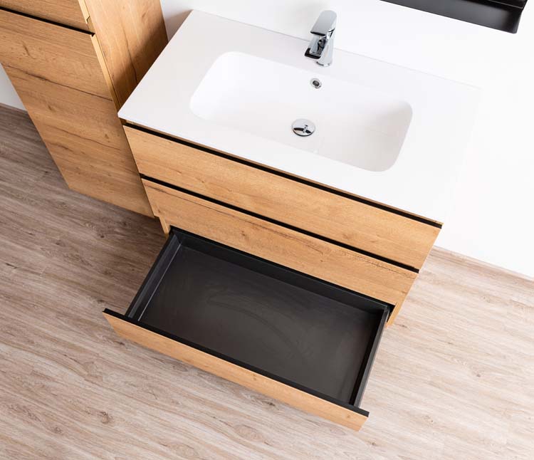 Meuble de salle de bain Daria chêne brun doré 900 mm sur pied lavabo brillant