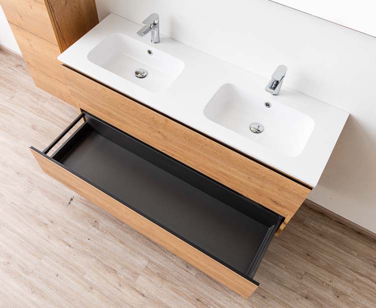 Meuble de salle de bain Daria chêne brun doré 1400 mm 2 lavabo brillant