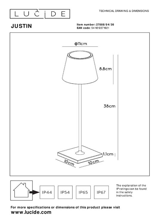 JUSTIN - Lampe de table Extérieur Rechargeable - Batterie - Ø 11 cm - LED Dim. - 1x2,2W 3000K - IP54 - 3 StepDim - Noir