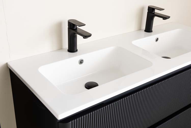 Meuble de salle de bain Julia noir mat 2 tiroirs 1200 mm lavabo blanc brillant