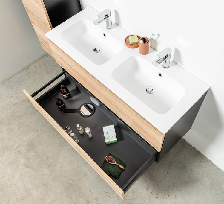 Meuble de salle de bain Dotan chêne/noir 1200 mm 2 lavabo brillant