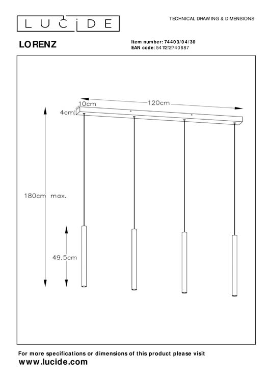 Lucide LORENZ - Hanglamp - LED Dimb. - 4x4W 3000K - Zwart