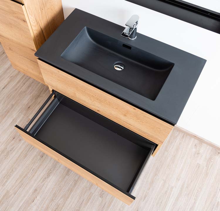 Meuble de salle de bain Daria chêne brun doré 900 mm lavabo noir mat