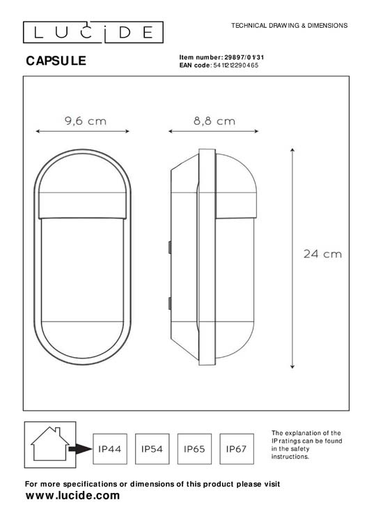 Lucide CAPSULE - Applique murale Extérieur - 1xE27 - IP65 - Blanc