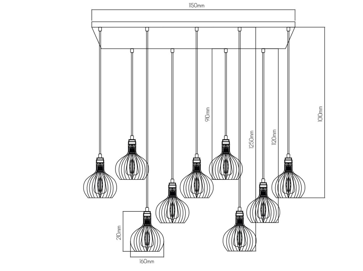 Hanglamp 9 pendels zwart koper E27 150 cm