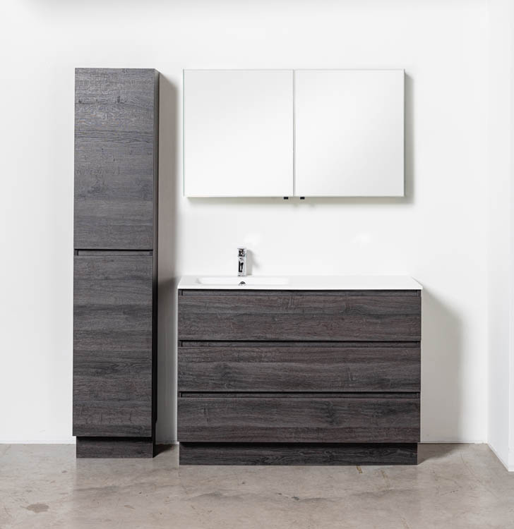 Meuble de salle de bain Dotan chêne foncé 1200 mm sur pied lavabo brillant gauche