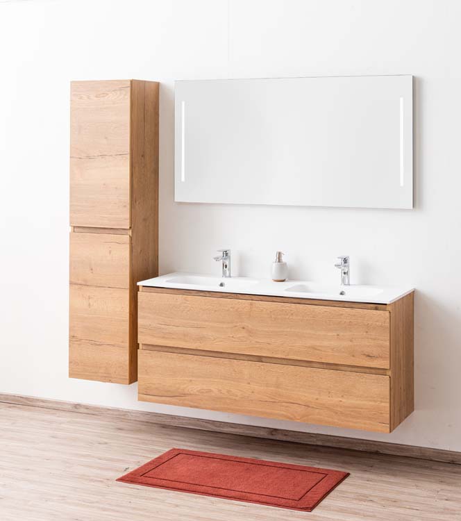 Meuble de salle de bain Daria chêne brun doré 1400 mm 2 lavabo mat