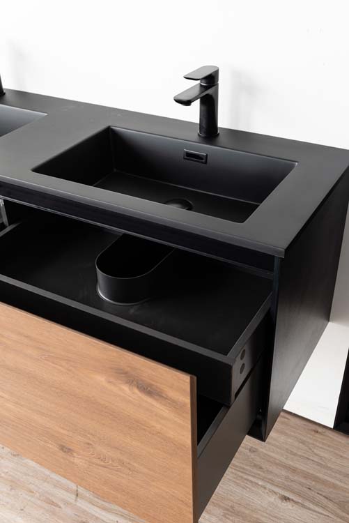 Meuble de salle de bain Justin noir mat/noyer 2 tiroirs 1400 mm