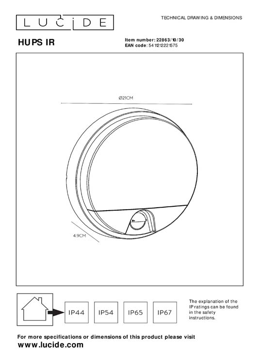 Lucide HUPS IR - Applique murale Extérieur - Ronde -LED