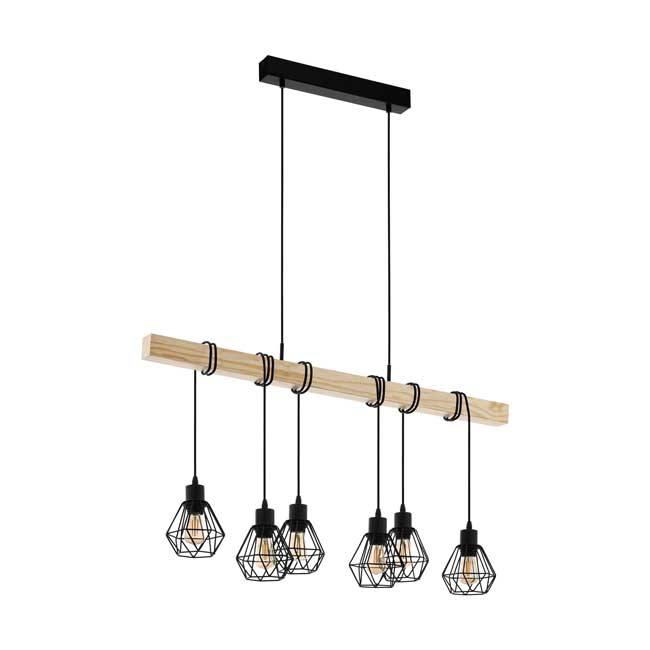 Hanglamp 100CM - E27 - 6x60W - Zwart/eik 