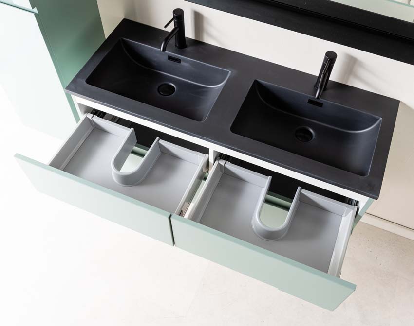 Meuble de salle de bain Truman gris-vert 1200 mm lavabo double noir mat