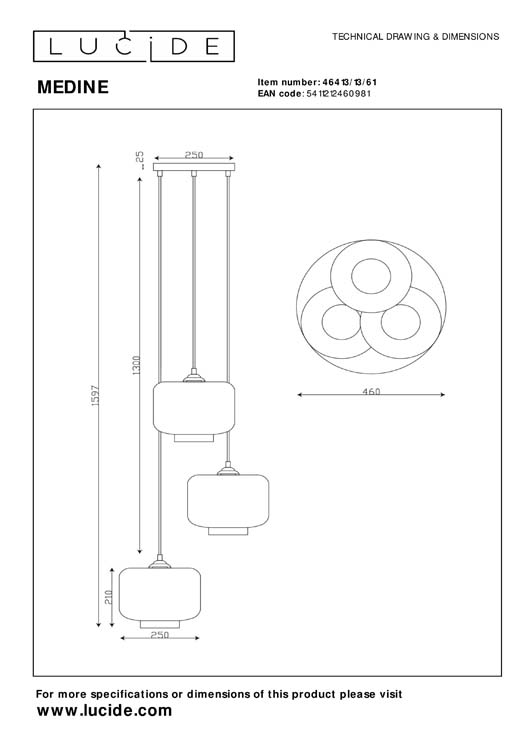 Lucide MEDINE - Hanglamp - Ø 46 cm - 3xE27 - Opaal