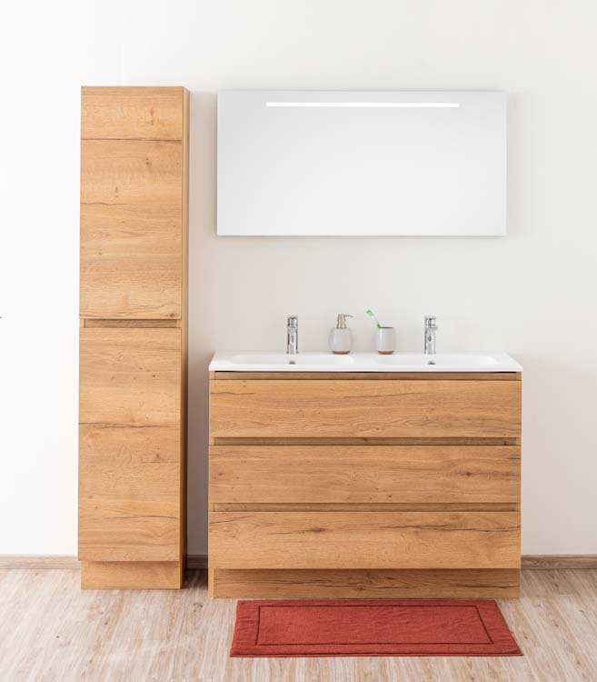 Meuble de salle de bain Daria chêne brun doré 1200 mm sur pied 2 lavabo mat