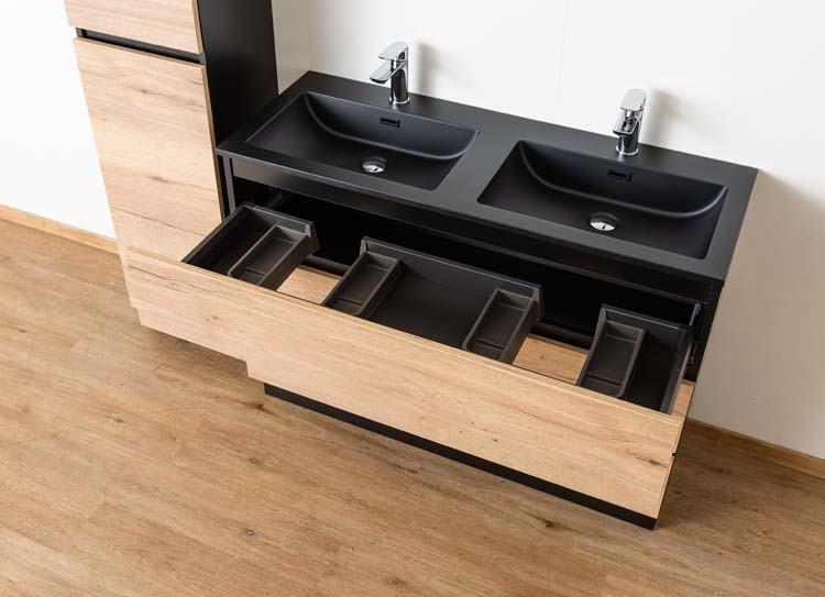 Meuble salle de bain Dotan noir/chêne 1200mm debout 2 lavabos noir