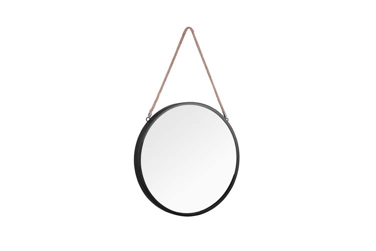 Miroir métal rond noir D40 cm avec corde