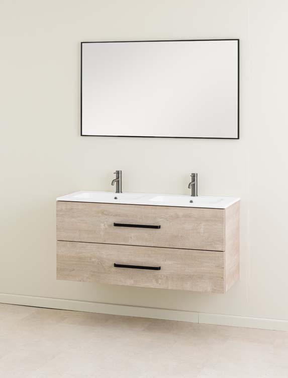 Meuble de salle de bain Plato chêne 1200 mm 2 tiroirs vasque blanc brillant