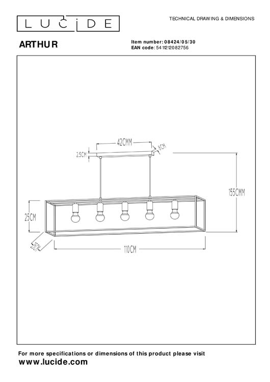 Lucide ARTHUR - Hanglamp - 5xE27 - Zwart