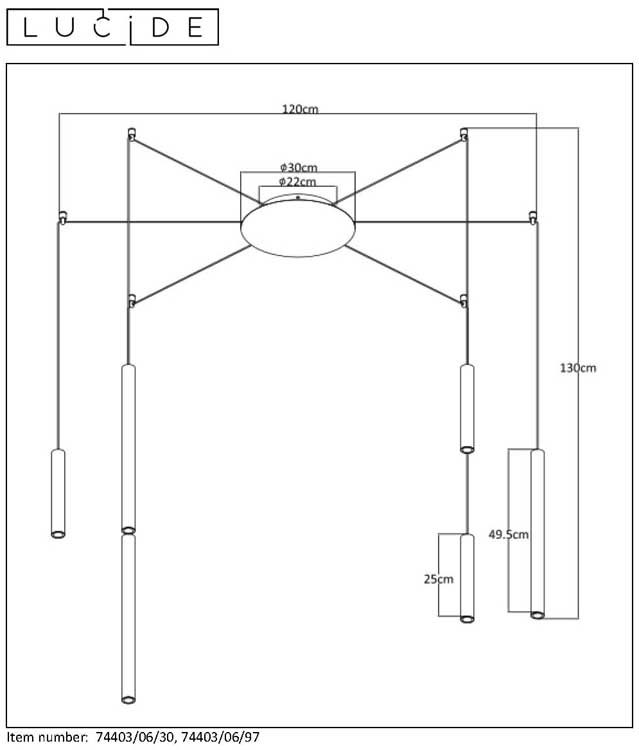 Lucide LORENZ - Hanglamp - LED Dimb. - 6x4W 3000K - Zwart