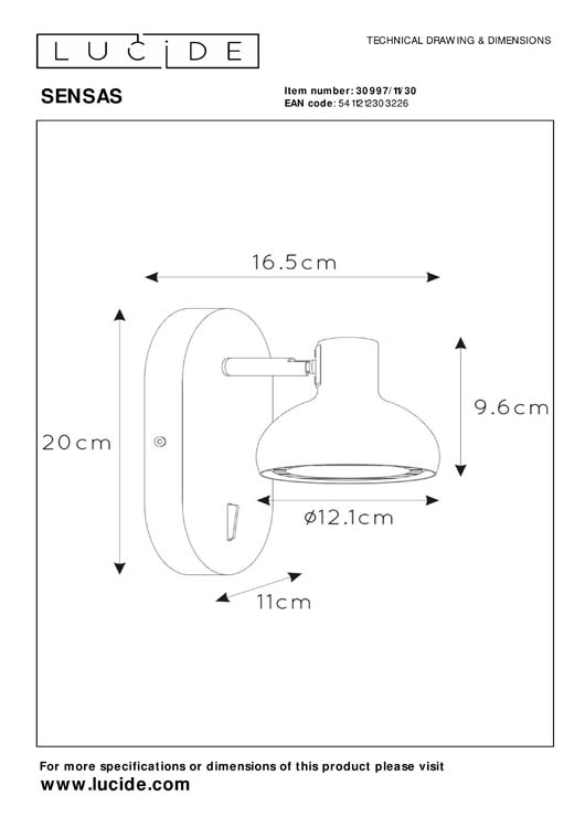 Lucide SENSAS - Spot mural - 1xES111 - Noir