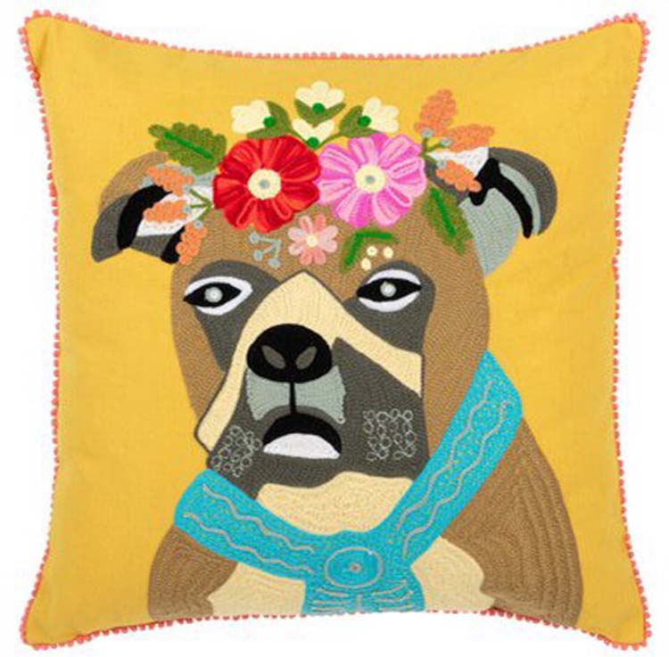 Kussen hond met bloemen - geel - katoen/polyester - 45 x 45 cm