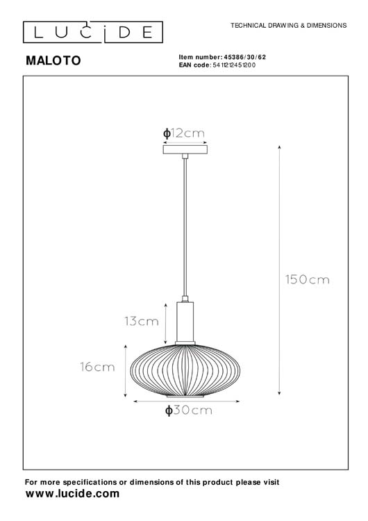 Lucide MALOTO - Suspension - Ø 30 cm - E27 - Ambre