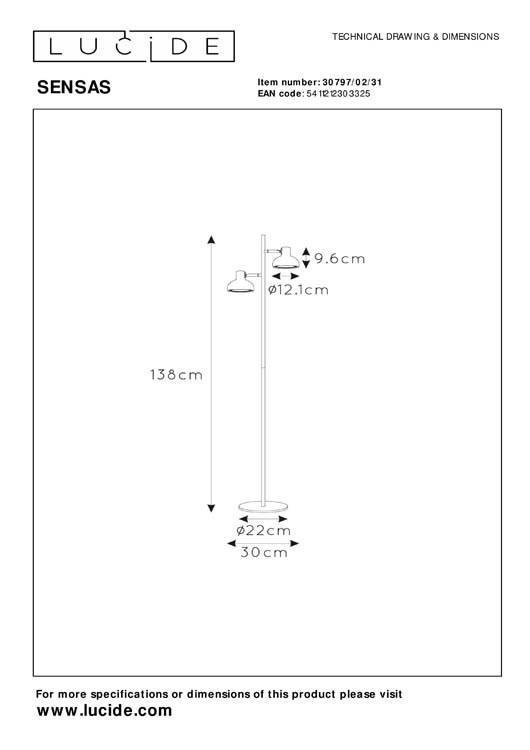 Lucide SENSAS - Lampadaire - 2xES111 - Blanc