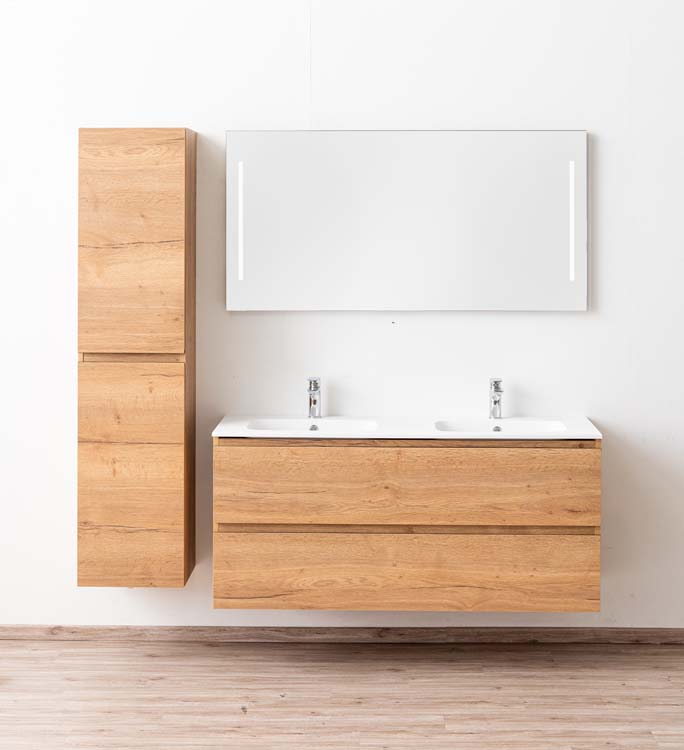 Meuble de salle de bain Daria chêne brun doré 1400 mm 2 lavabo mat