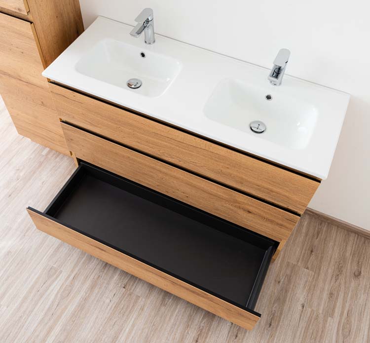 Meuble de salle de bain Daria chêne brun doré 1200 mm sur pied 2 lavabo porcelaine brillant