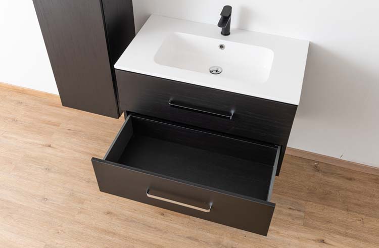 Meuble salle de bain Plato noir grain de bois 90cm - brillant - poignée chrome