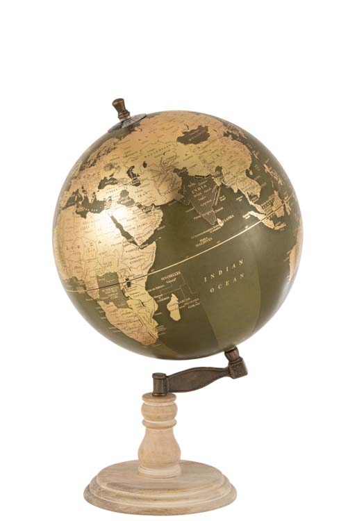 Wereldbol hout kaki goud h50cm op voet