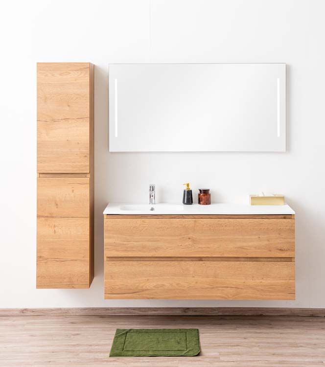 Meuble de salle de bain Daria chêne brun doré 1400 mm lavabo mat gauche