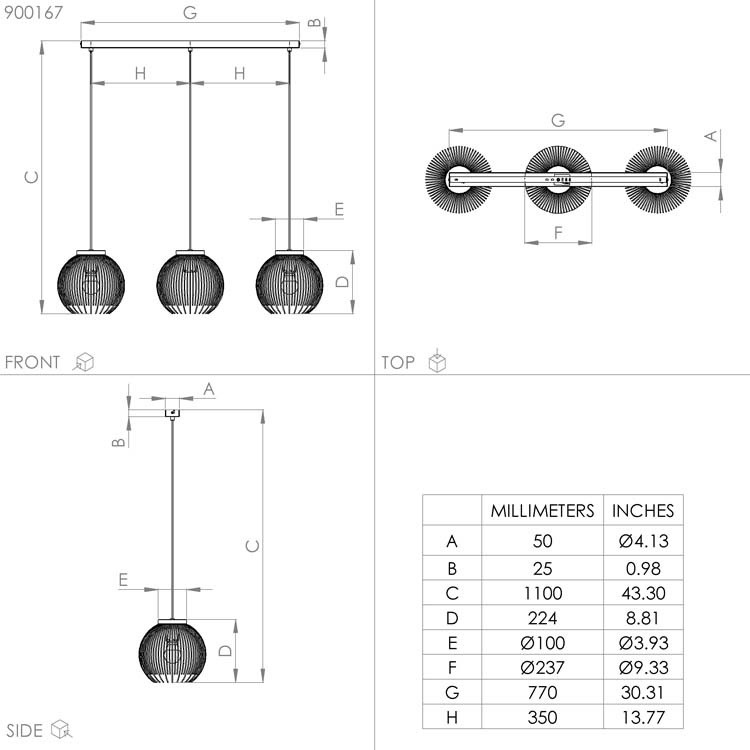 Lampe suspendue Vene 3xE27 noir/or