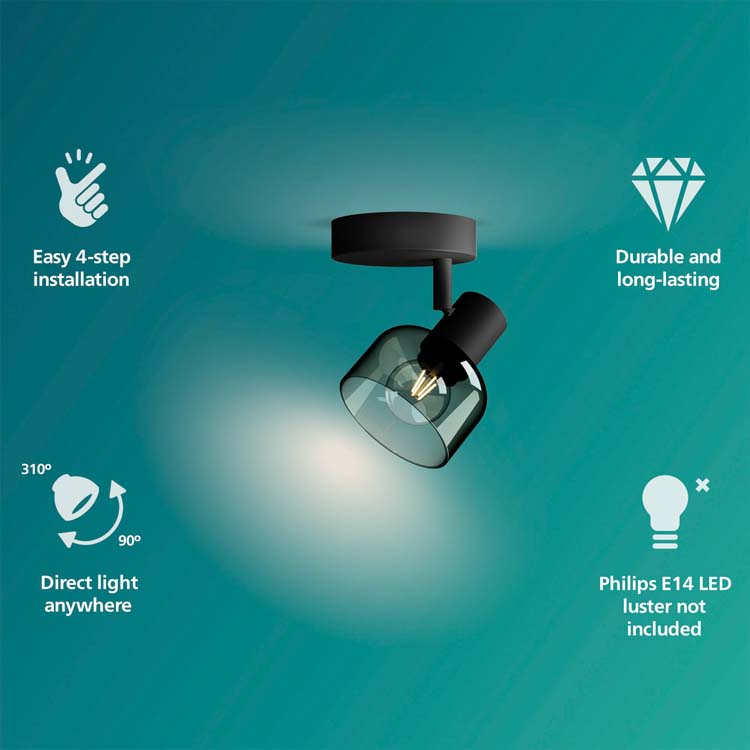 Spot plafond/mur - verre court - dimmable - E14 - 1x25W - lampe excl - noir