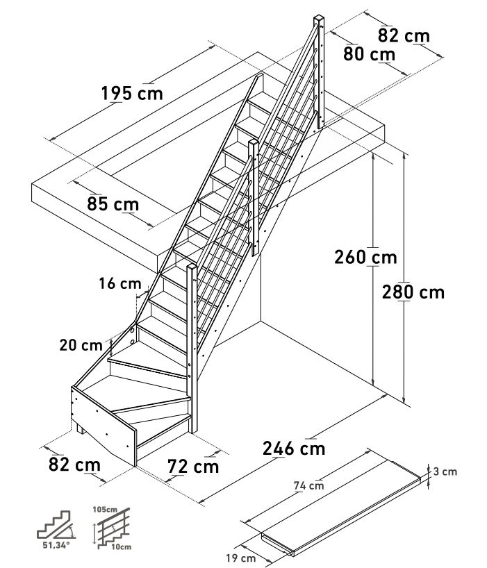 Escalier fermé chêne Freiburg avec quart tour bas droite et avec rampe