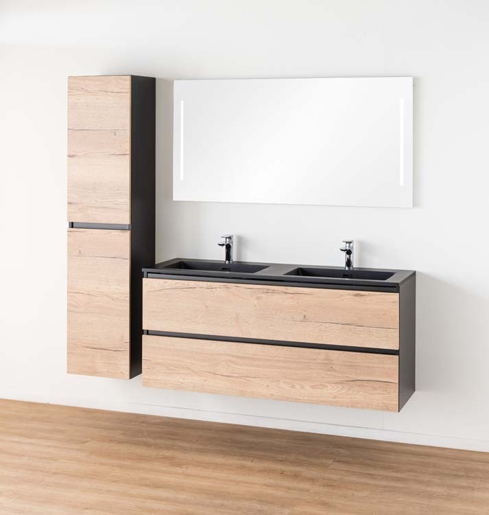 Meuble de salle de bain Dotan chêne chêne/noir 1400 mm 2 lavabo mat noir