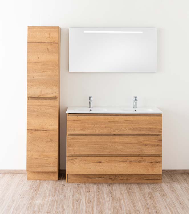 Meuble de salle de bain Daria chêne brun doré 1200 mm sur pied 2 lavabo porcelaine brillant