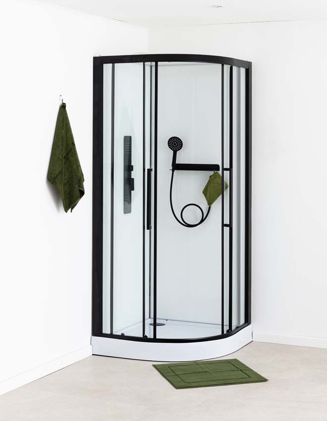 Cabine de douche Phoebe quart de rond noir/blanc avec porte coulissante 90x90x217cm