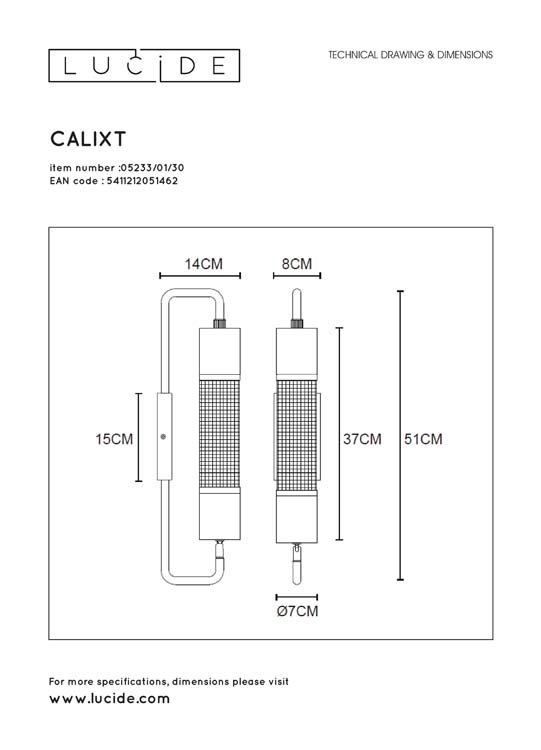 Lucide CALIXT - Wandlamp - 1xE27 - Zwart