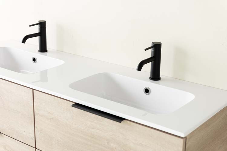 Meuble de salle de bain Plato chêne 1400 mm 4 tiroirs, vasque blanc mat