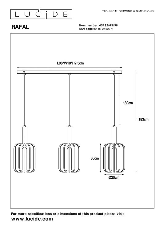 Lucide RAFAL - Suspension - 3xE27 - Gris