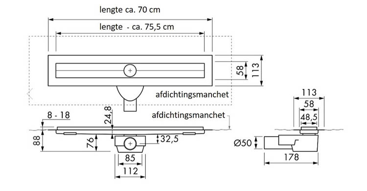 Caniveau de douche 70cm grill inox