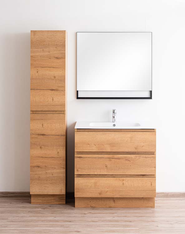 Meuble de salle de bain Daria chêne brun doré 900 mm sur pied lavabo brillant