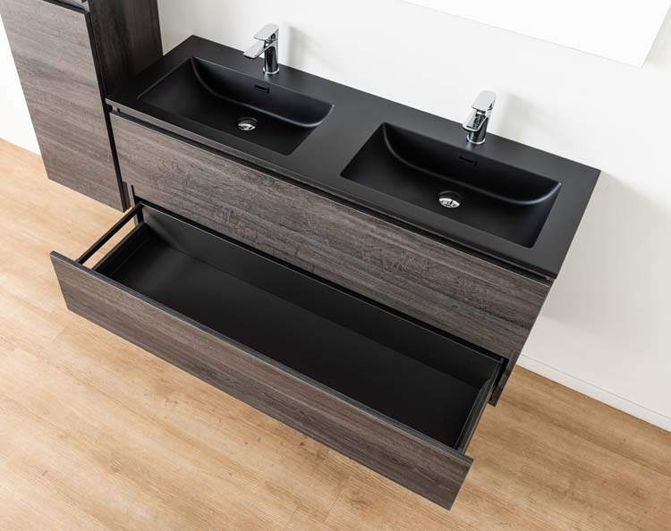 Meuble de salle de bain Dotan chêne foncé 1400 mm 2 lavabo mat noir