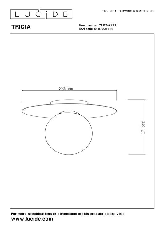 Lucide TRICIA - Plafonnier - Ø 25 cm - 1xE27 - Or Mat / Laiton